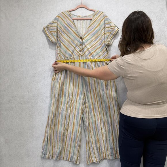 World Market Jumpsuit Womens L/XL Striped Linen Cotton Wide Leg V Neck Pockets - Picture 2 of 10